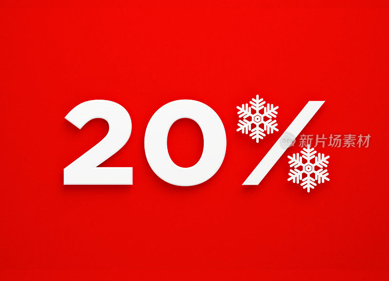 20% Off -白色雪花形成一个百分比标志坐在旁边的20号红色背景